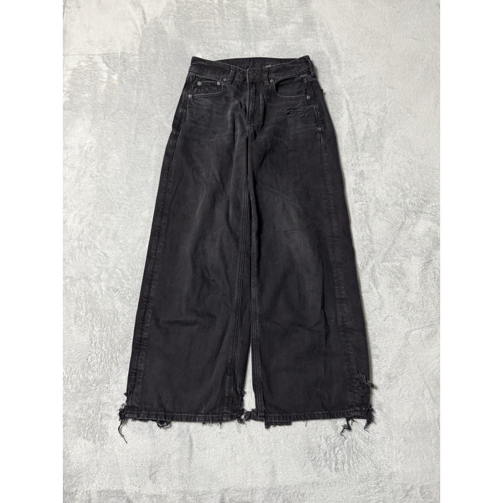 American Eagle Jeans Womens 00 Short Baggy Wide Leg Ankle Black Distressed 24x25